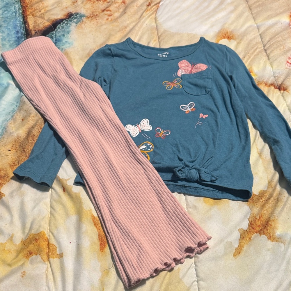 Carter's Teal Butterfly Top and Pink Ribbed Pants Set